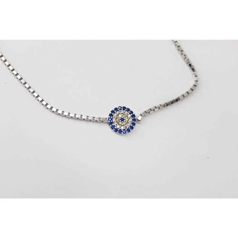 925 Sterling Silver Evil Eye Bolo Bracelet Blue CZ Adjustable Box Chain N-TR